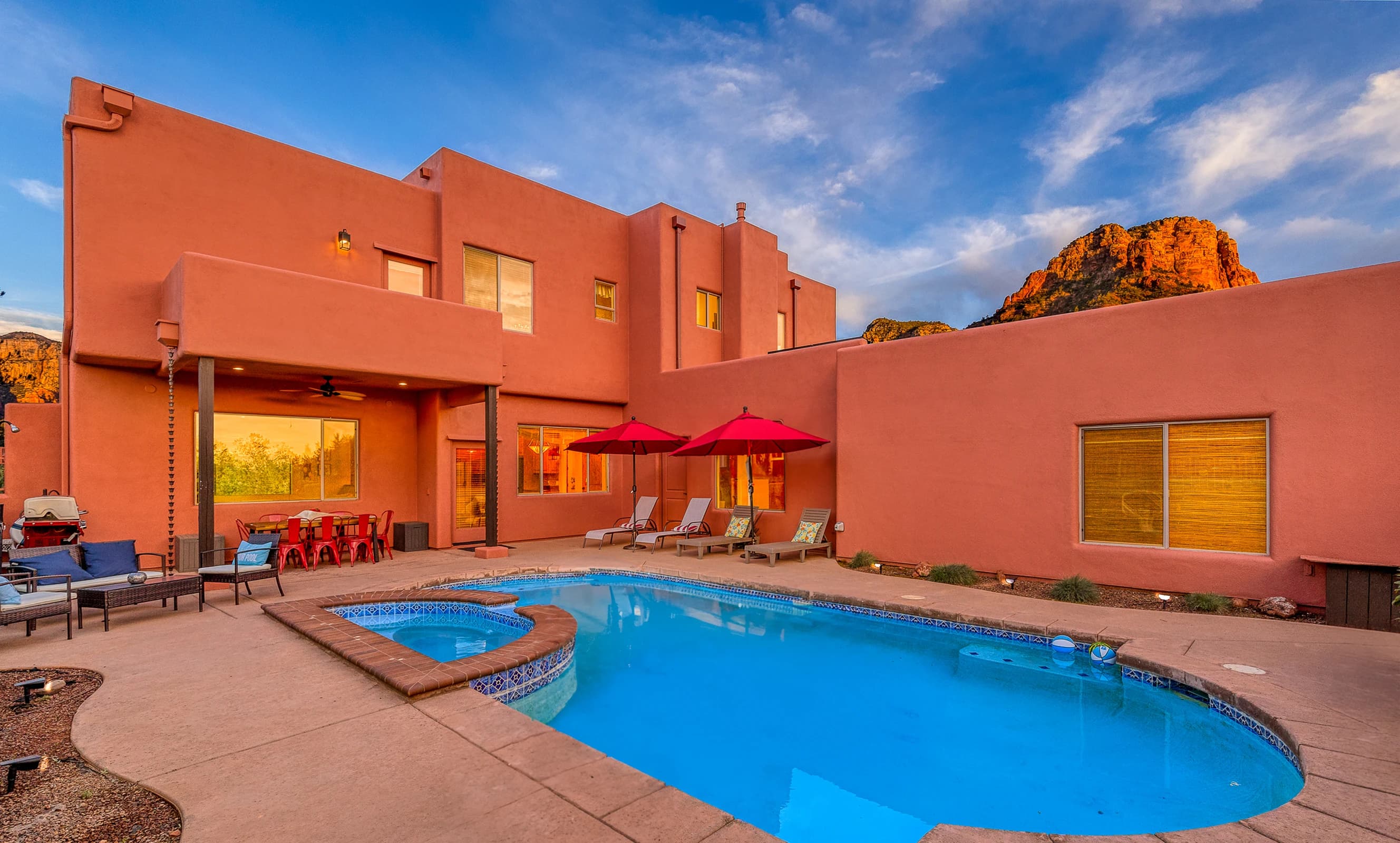 Interior view of the Sedona vacation rental living room with red rock views